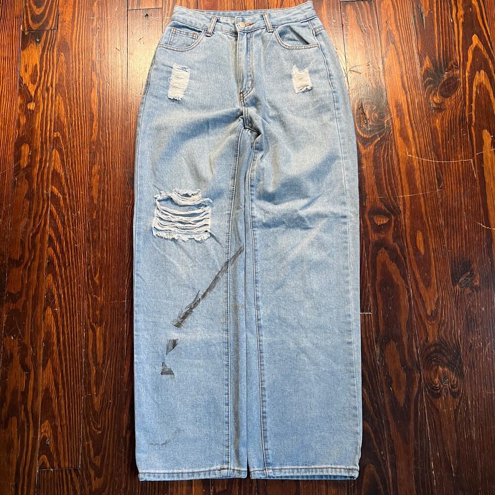 Shein S Distressed Jeans Light Blue Wide Leg